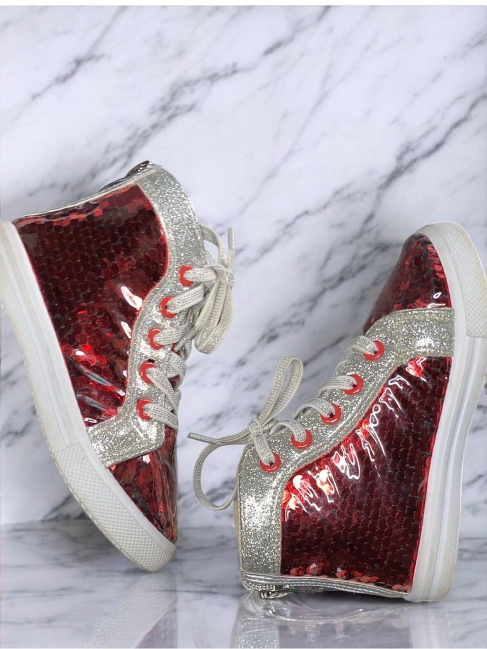 Red Sequin & Silver Glitter High-Top Sneakers - Women